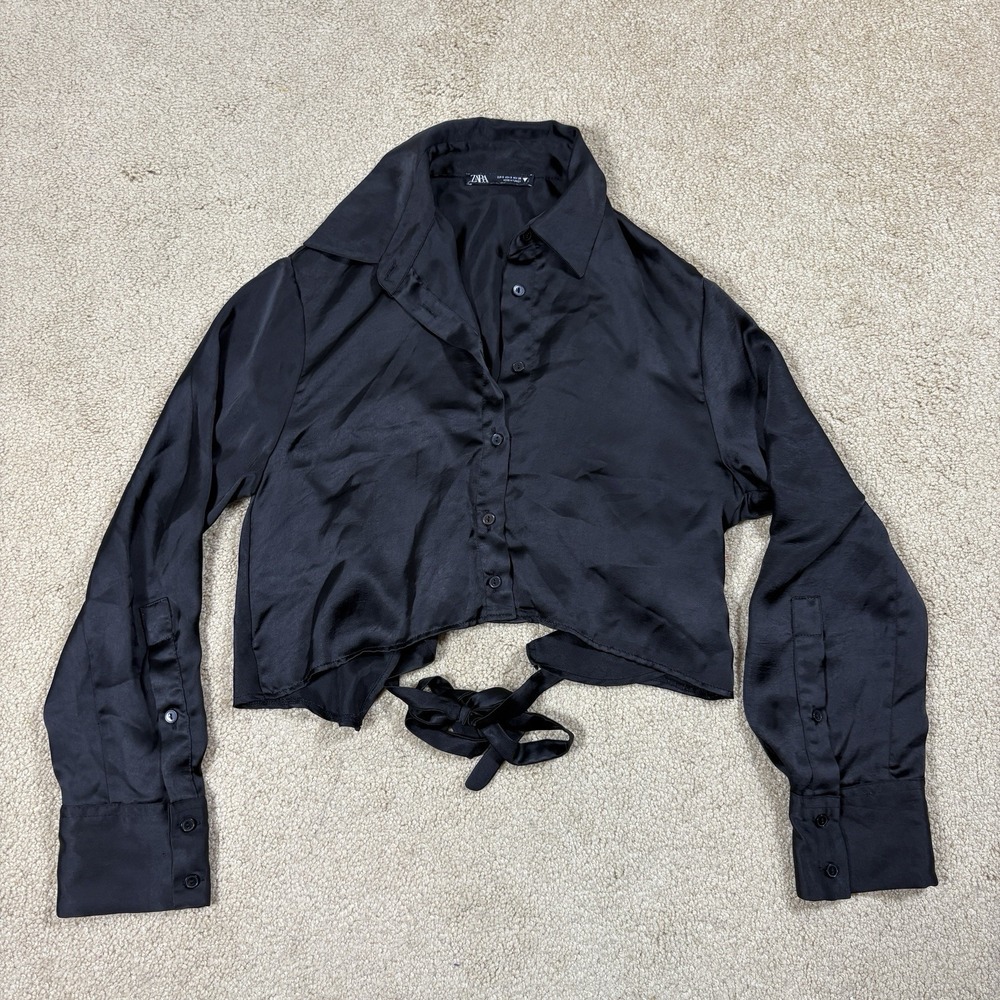 ZARA Women's Black Satin Button-Up Blouse Solid Collared Long Sleeve Small S